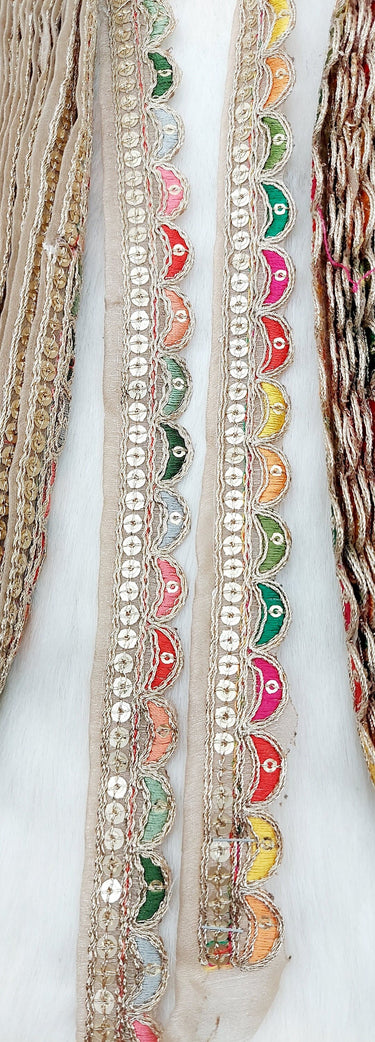 Beige Art Silk Scallop Fabric Lace Trim with Sequins and Multicolour Embroidery, Sari Border, Trim By 3 Yards